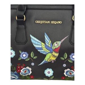 Christian Siriano Black Floral and Bird Embroidered Satchel with shoulder Strap.